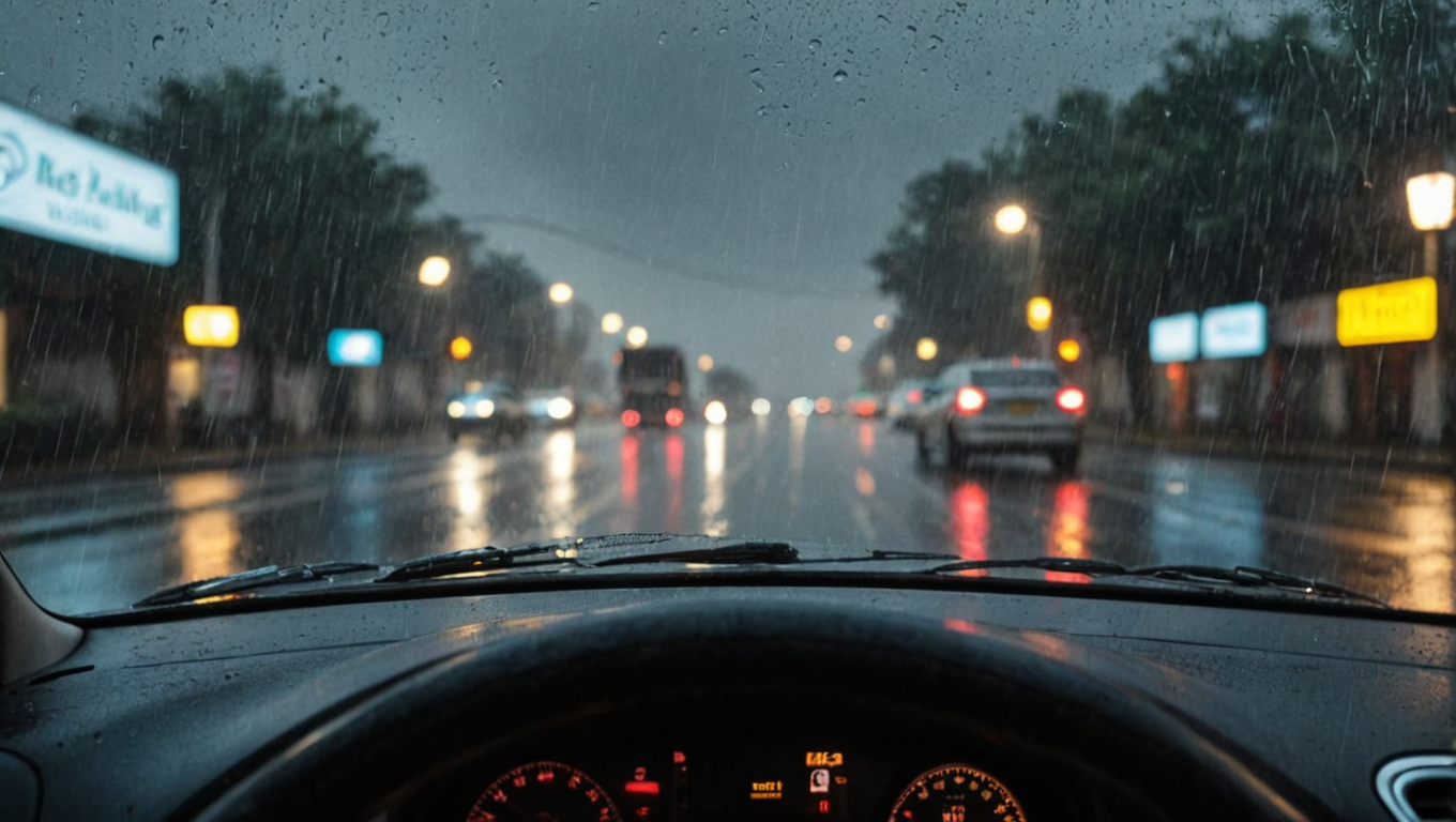 View from a car dashboard during rain on a city street.