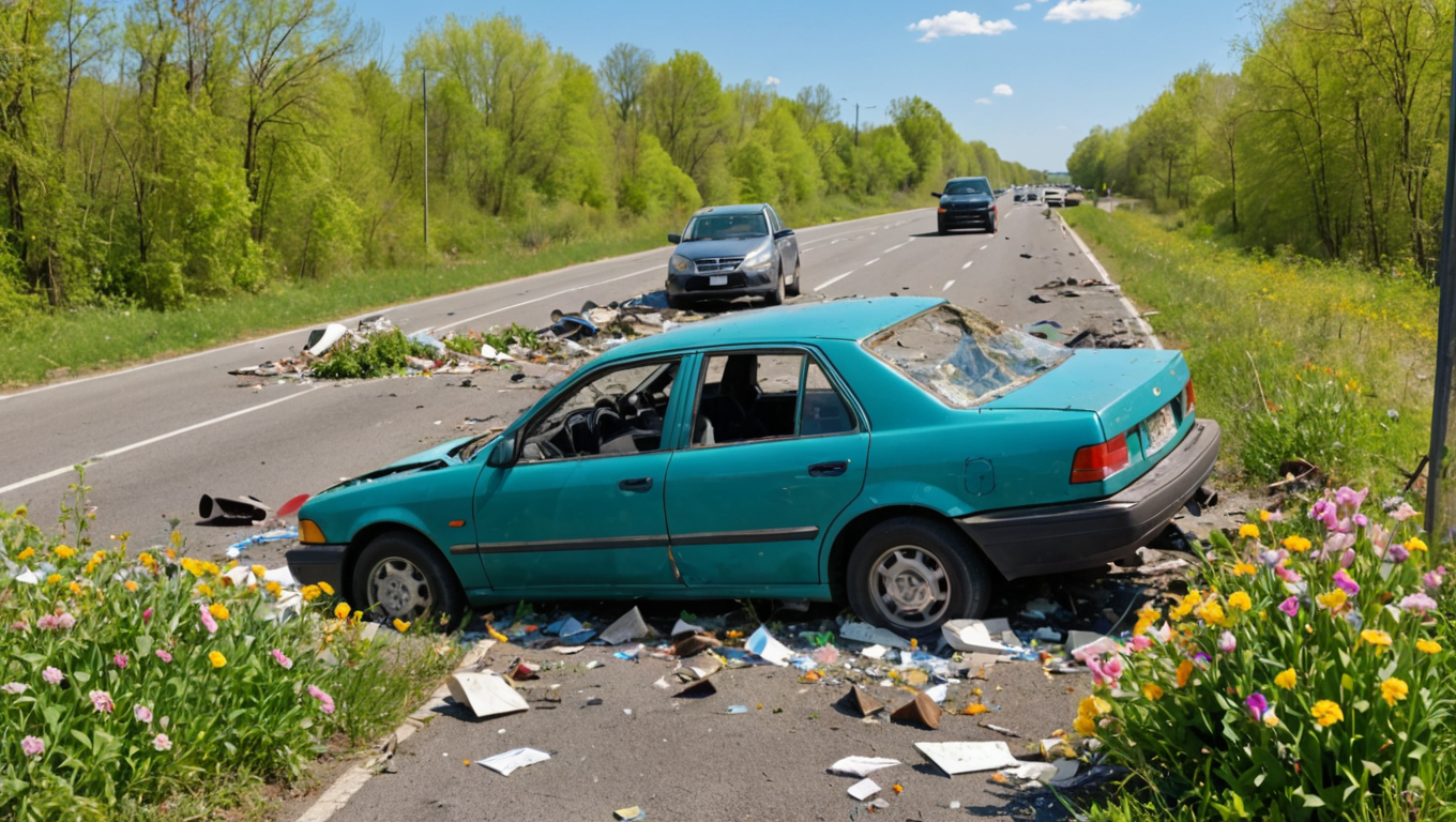 A blue car in a roadside accident surrounded by debris and flowers.