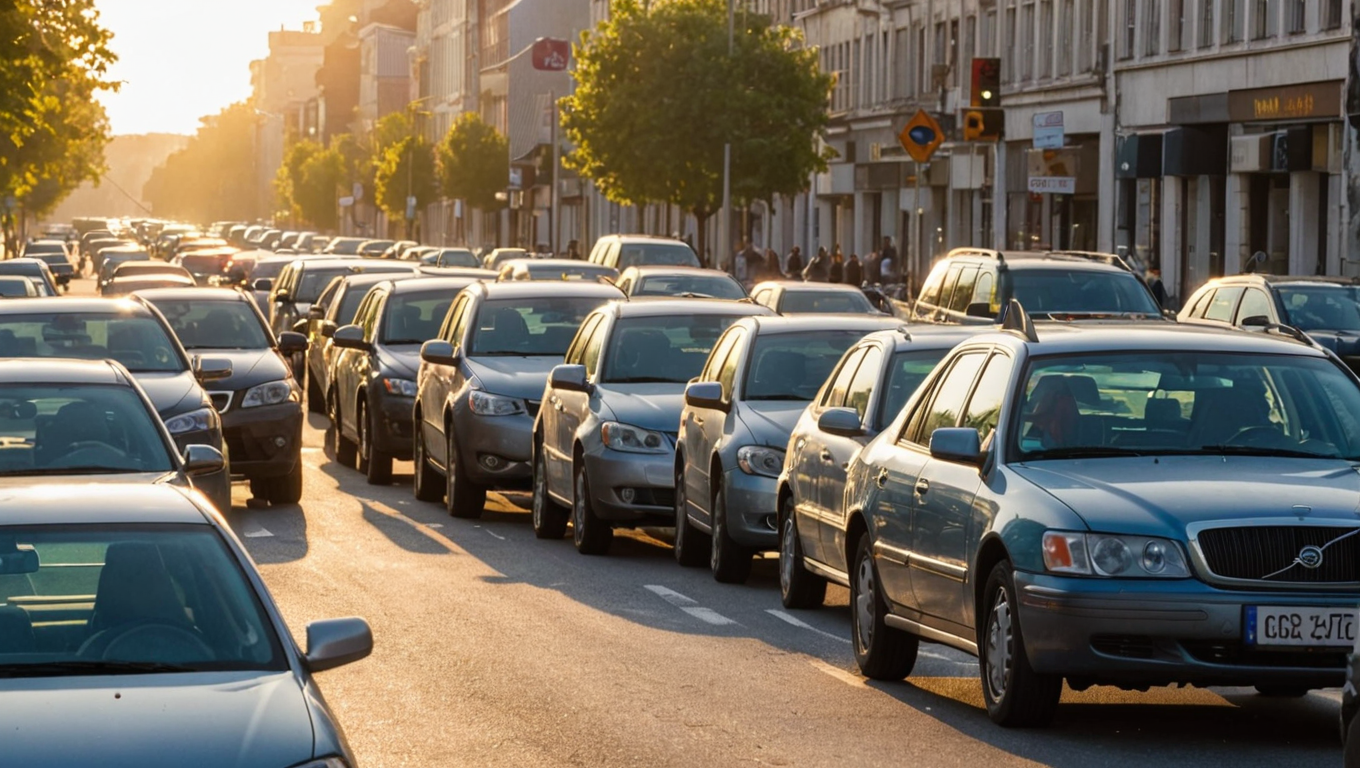 Traffic jam on a city street during sunset.