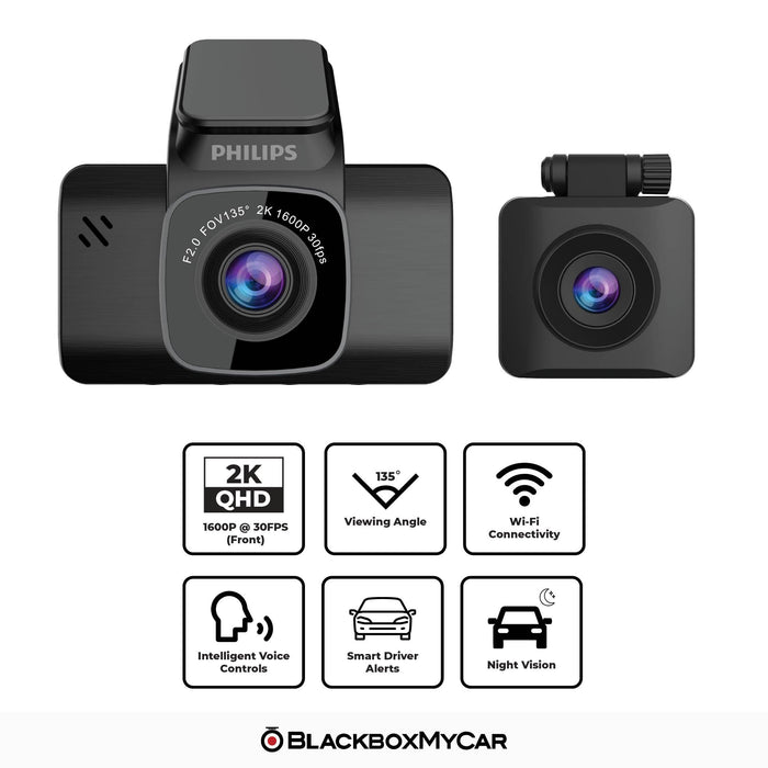 Philips GoSure GS5101D 2K QHD Dual-Channel Dash Cam - Dash Cams - {{ collection.title }} - 2-Channel, 2K QHD @ 30 FPS, ADAS, Adhesive Mount, App Compatible, Camera Alerts, China, Dash Cams, G-Sensor, GPS, Loop Recording, Mobile App, Mobile App Viewer, Night Vision, Parking Mode, sale, Security, Super Capacitor, Voice Alerts, Wi-Fi - BlackboxMyCar