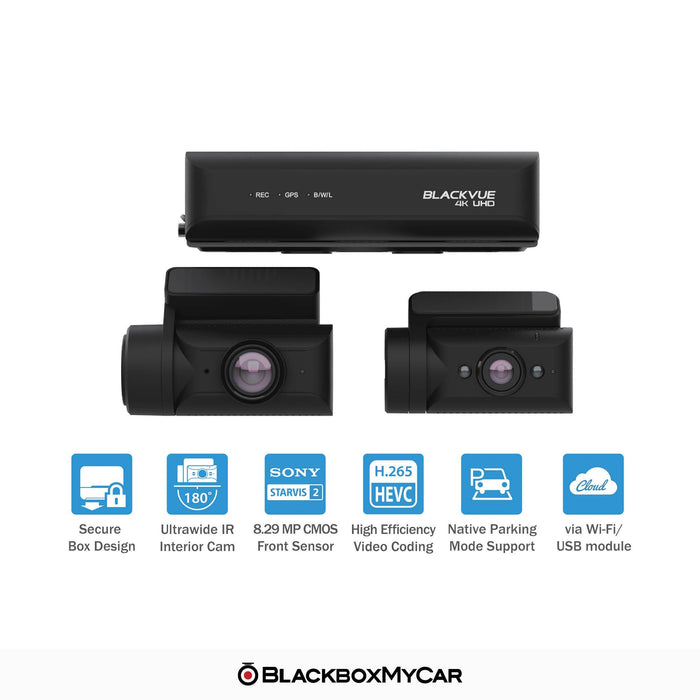 BlackVue DR970X-2CH Box IR Plus 4K UHD Cloud Dash Cam - Dash Cams - {{ collection.title }} - 2-Channel, 4K UHD @ 30 FPS, Adhesive Mount, App Compatible, Bluetooth, Cloud, Dash Cams, Desktop Viewer, G-Sensor, GPS, Hardwire Install, Infrared (IR), Loop Recording, Mobile App, Mobile App Viewer, Night Vision, Parking Mode, Security, South Korea, Super Capacitor, Wi-Fi - BlackboxMyCar