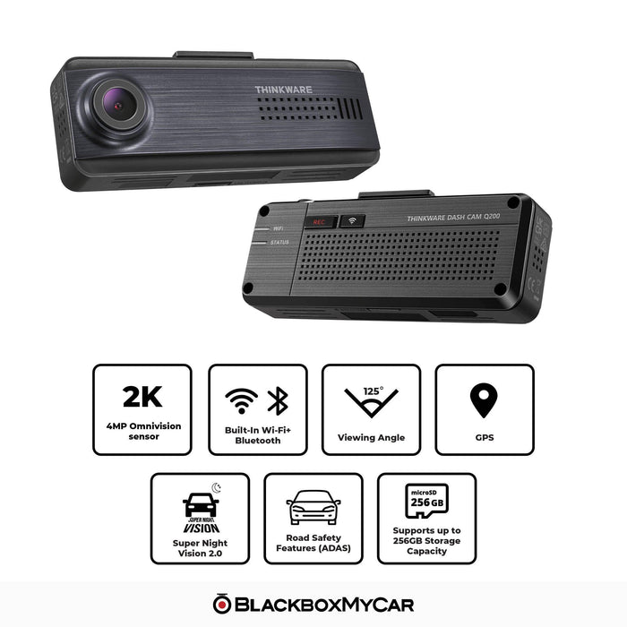 Thinkware Q200 2-Channel 2K QHD Dash Cam - Dash Cams - {{ collection.title }} - 2-Channel, 256GB, 2K QHD @ 30 FPS, ADAS, Adhesive Mount, App Compatible, Camera Alerts, Dash Cams, Desktop Viewer, G-Sensor, GPS, Hardwire Install, Loop Recording, Mobile App, Mobile App Viewer, Night Vision, Parking Mode, Rear Camera, Security, South Korea, Voice Alerts, Wi-Fi - BlackboxMyCar