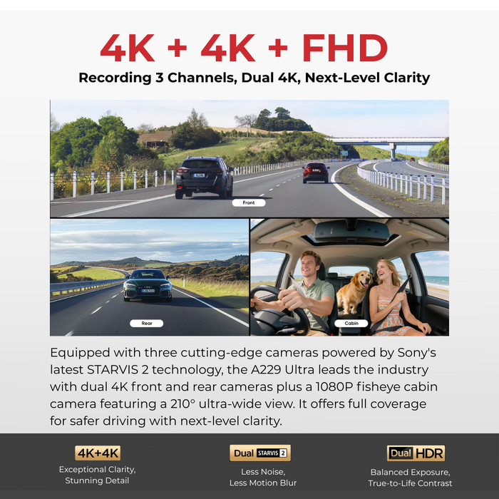 VIOFO A229 Ultra 4K+4K+1080p 3-Channel 30FPS UHD Dash Cam