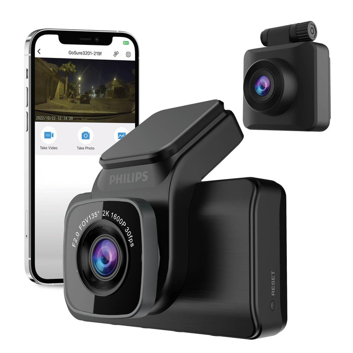 Philips GoSure GS5101D 2K QHD Dual-Channel Dash Cam - Dash Cams - {{ collection.title }} - 2-Channel, 2K QHD @ 30 FPS, ADAS, Adhesive Mount, App Compatible, Camera Alerts, China, Dash Cams, G-Sensor, GPS, Loop Recording, Mobile App, Mobile App Viewer, Night Vision, Parking Mode, sale, Security, Super Capacitor, Voice Alerts, Wi-Fi - BlackboxMyCar