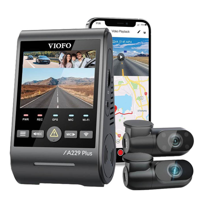 VIOFO A229 Plus 2K QHD 3-Channel Dash Cam - Dash Cams - {{ collection.title }} - 12V Plug-and-Play, 2K QHD @ 60 FPS, 3-Channel, Adhesive Mount, App Compatible, Camera Alerts, China, Dash Cams, G-Sensor, GPS, Hardwire Install, Loop Recording, Mobile App, Mobile App Viewer, Night Vision, Parking Mode, Rear Camera, Security, Super Capacitor, Voice Alerts, Wi-Fi - BlackboxMyCar