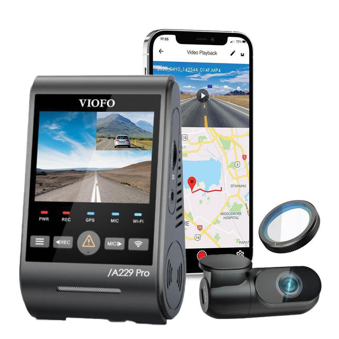 VIOFO A229 Pro Duo 4K UHD 2-Channel Dash Cam - Dash Cams - {{ collection.title }} - 2-Channel, 4K UHD @ 30 FPS, Adhesive Mount, App Compatible, China, Dash Cams, G-Sensor, GPS, Hardwire Install, Loop Recording, Mobile App, Mobile App Viewer, Night Vision, Parking Mode, Security, Super Capacitor, Wi-Fi - BlackboxMyCar