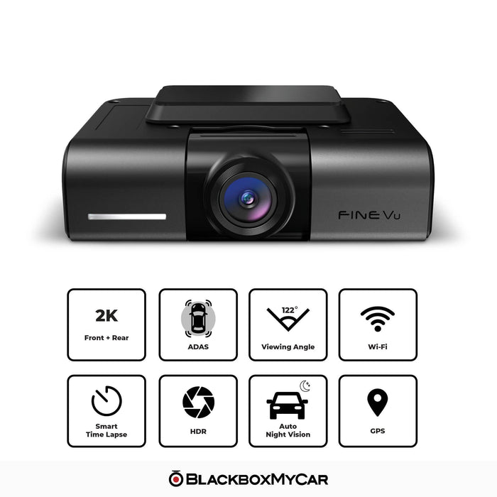 FineVu GX1000 2K QHD Dual-Channel Dash Cam - Dash Cams - {{ collection.title }} - 128GB, 2-Channel, 2K QHD @ 30 FPS, ADAS, Adhesive Mount, App Compatible, Camera Alerts, Dash Cams, Desktop Viewer, G-Sensor, GPS, Hardwire Install, Loop Recording, Mobile App, Mobile App Viewer, Night Vision, Parking Mode, sale, Security, South Korea, Super Capacitor, Voice Alerts, Wi-Fi - BlackboxMyCar