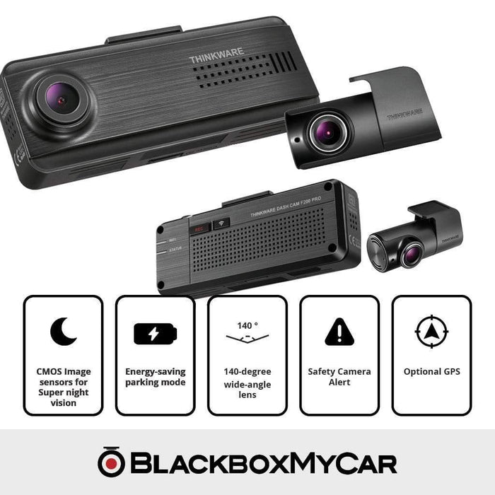[OPEN BOX] Thinkware F200 PRO Dual-Channel Full HD WiFi Dash Cam - Dash Cams - {{ collection.title }} - 1080p Full HD @ 30 FPS, 128GB, 16GB, 2-Channel, ADAS, Adhesive Mount, App Compatible, Camera Alerts, Dash Cams, Desktop Viewer, G-Sensor, GPS, Hardwire Install, Loop Recording, Mobile App, Mobile App Viewer, Night Vision, Parking Mode, Rear Camera, South Korea, Super Capacitor, Voice Alerts, Wi-Fi - BlackboxMyCar