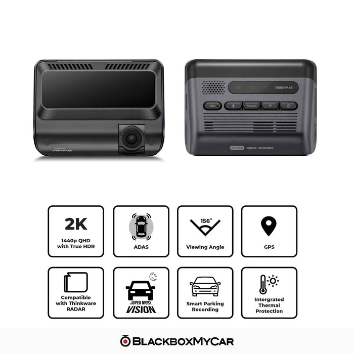 Thinkware Q1000 2K QHD Single-Channel Dash Cam - Dash Cams - {{ collection.title }} - 1-Channel, 128GB, 2K QHD @ 30 FPS, ADAS, Adhesive Mount, App Compatible, Bluetooth, Camera Alerts, Cloud, Dash Cams, Desktop Viewer, G-Sensor, GPS, Hardwire Install, Loop Recording, Mobile App, Mobile App Viewer, Night Vision, Parking Mode, Security, South Korea, Super Capacitor, Voice Alerts, Wi-Fi - BlackboxMyCar
