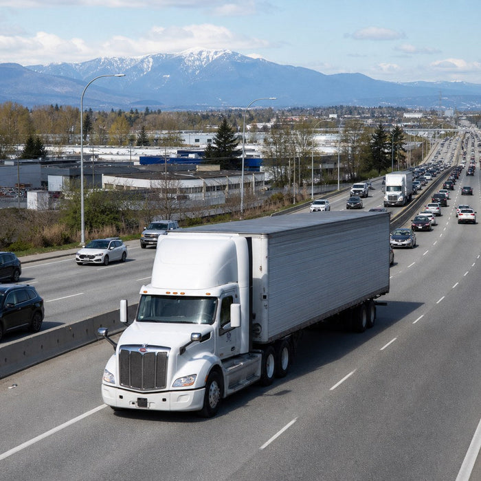 Commercial semi-truck on a British Columbia style highway with mountain backdrop