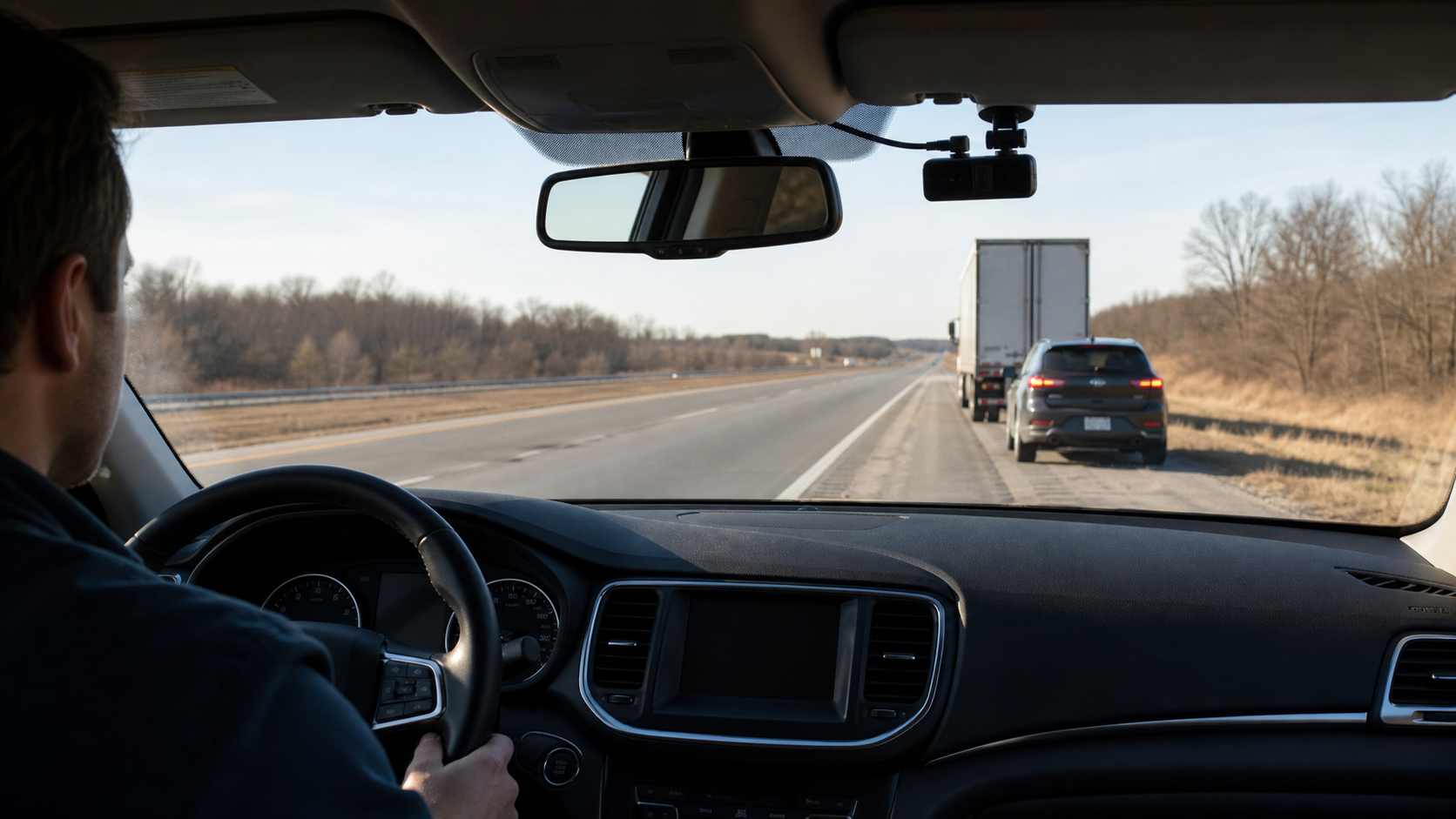 Interior highway view with a dash cam recording traffic and a semi truck ahead