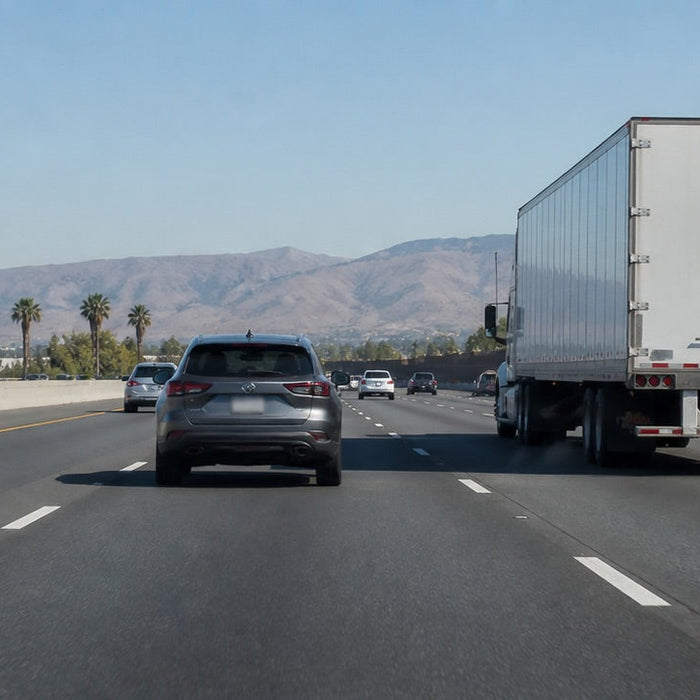 Passenger vehicle and semi-truck travelling safely on a California freeway