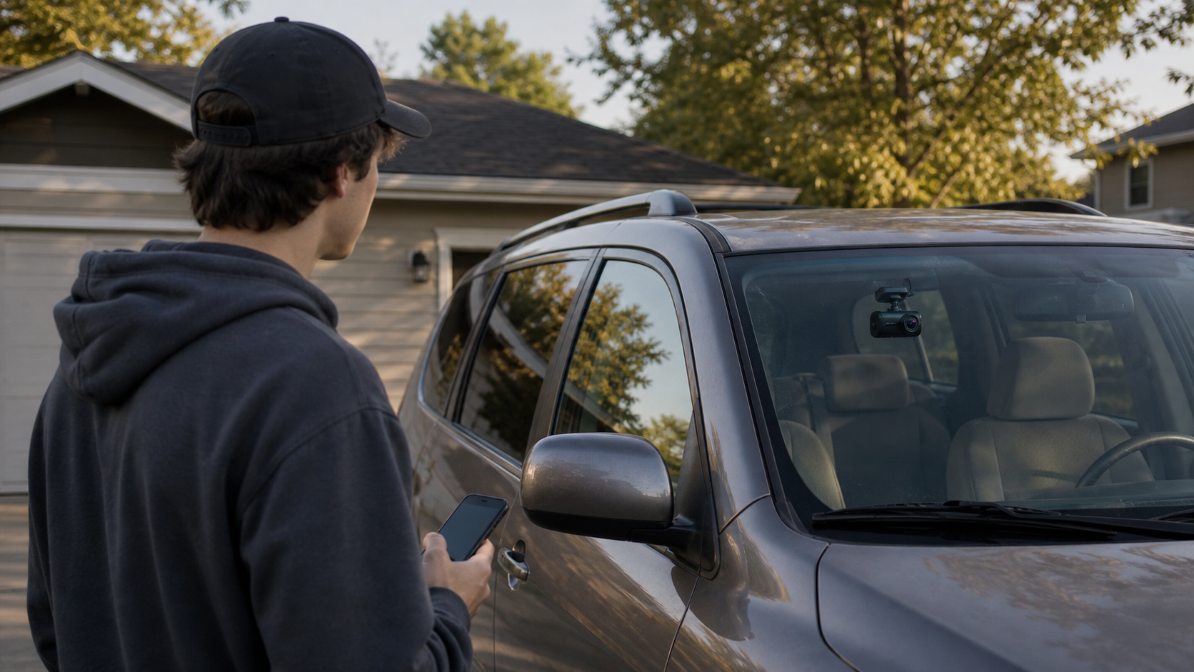 Original editorial image of a young driver beside a parked vehicle with a dash cam visible through the windshield