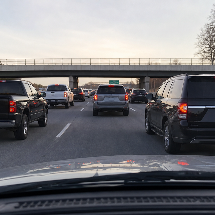 Interstate traffic viewed from inside a vehicle with no visible camera hardware