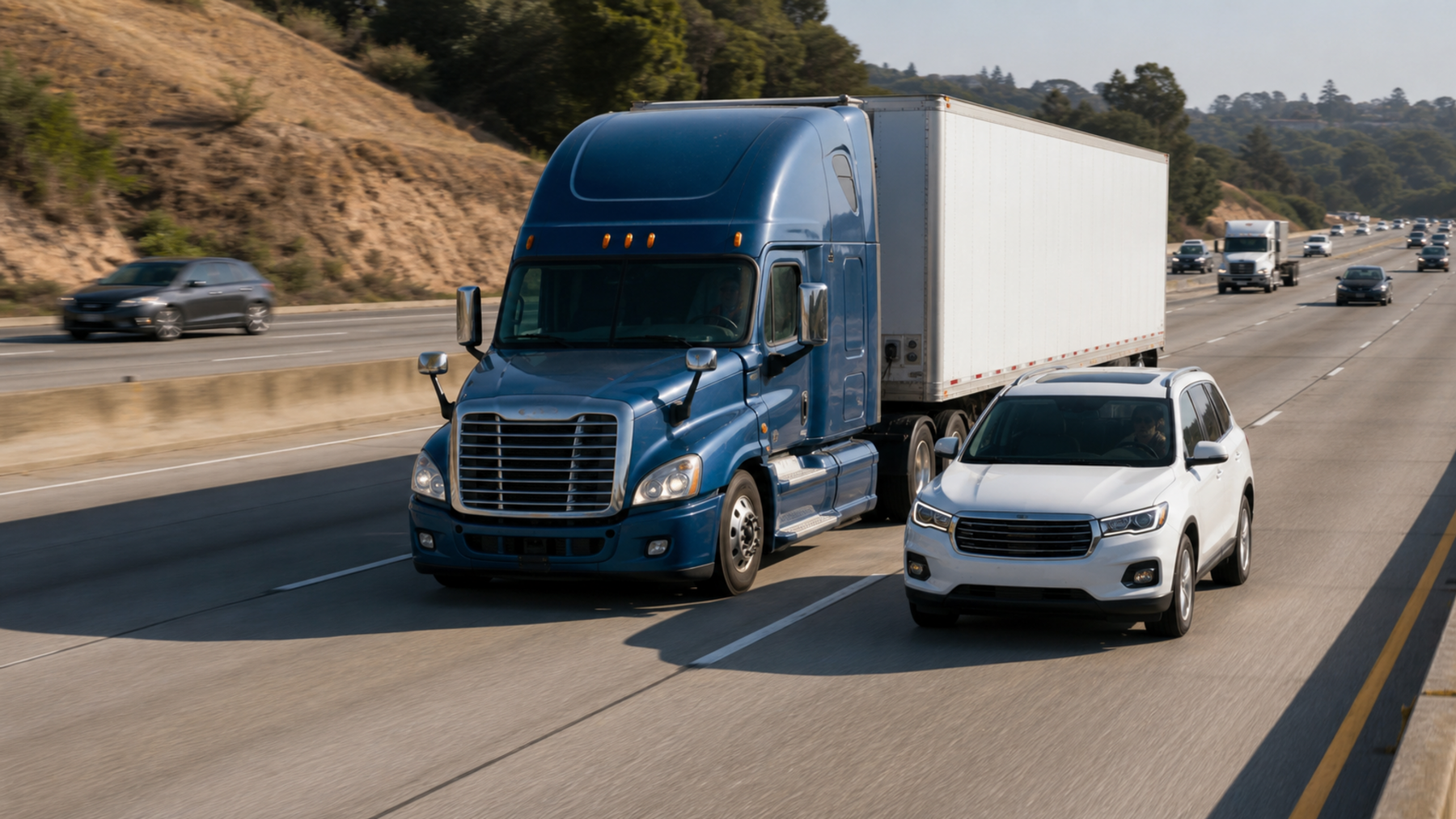 Freeway traffic with a semi-truck and white SUV in adjacent lanes