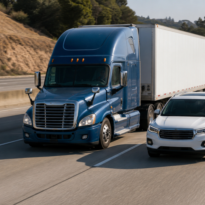 Freeway traffic with a semi-truck and white SUV in adjacent lanes