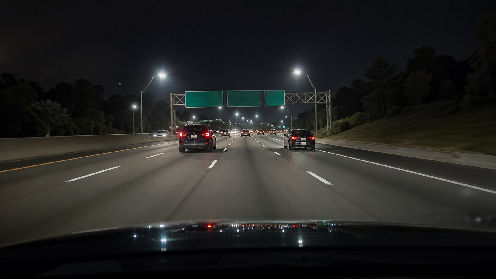 Night highway lanes recorded clearly during low-light driving