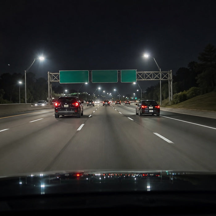 Night highway lanes recorded clearly during low-light driving