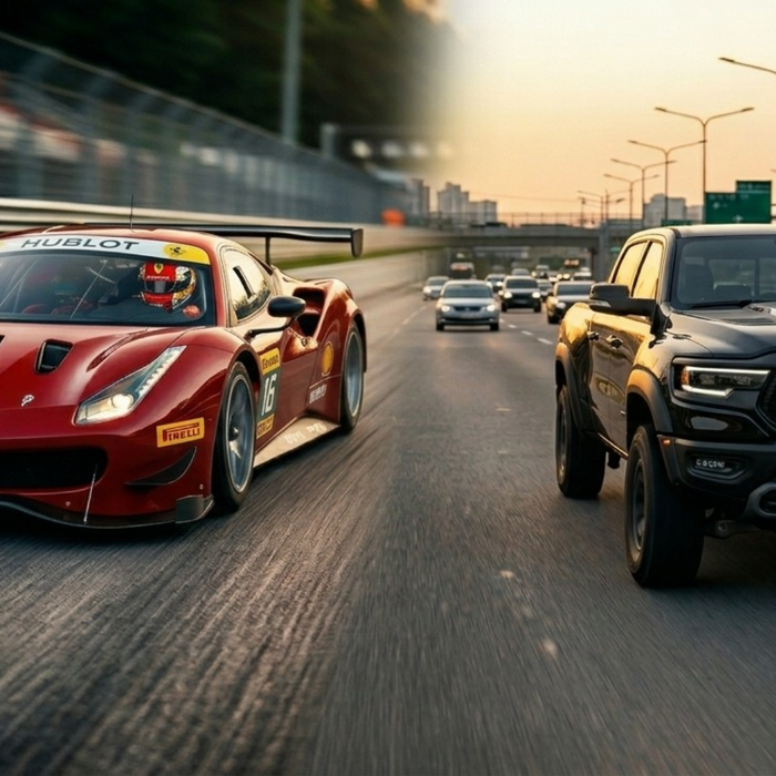Race car and daily commuter vehicle illustrating shared driving preparation