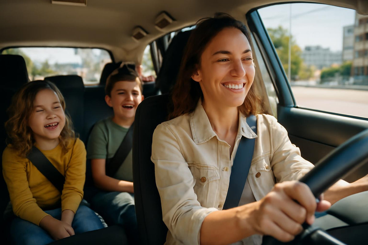 A woman driving with two children in a car, all smiling and enjoying.