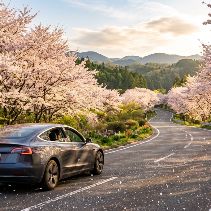 Car on a spring road trip after seasonal maintenance and dash cam checks