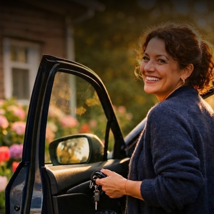 Smiling woman by a car, surrounded by blooming flowers in soft sunlight.