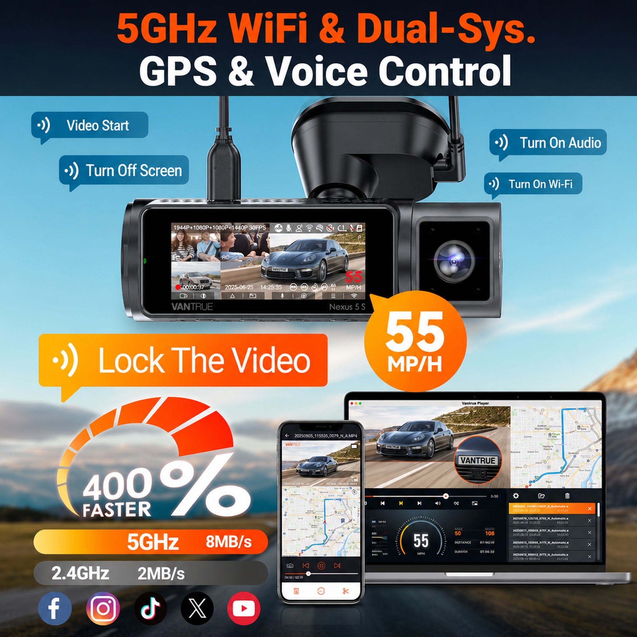 Vantrue Nexus 5S (N5S) 4-Channel 2K QHD Dash Cam with Sony STARVIS
