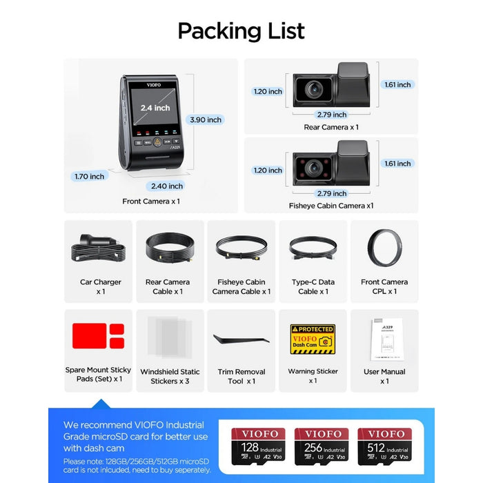 VIOFO A329S 3CH 4K Front + 2K Rear + 2K Interior Sony STARVIS 2 Dash Cam