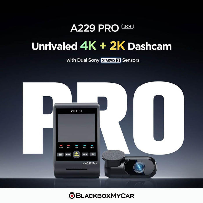 VIOFO A229 Pro Duo 4K UHD 2-Channel Dash Cam - Dash Cams - {{ collection.title }} - 2-Channel, 4K UHD @ 30 FPS, Adhesive Mount, App Compatible, China, Dash Cams, G-Sensor, GPS, Hardwire Install, Loop Recording, Mobile App, Mobile App Viewer, Night Vision, Parking Mode, Security, Super Capacitor, Wi-Fi - BlackboxMyCar