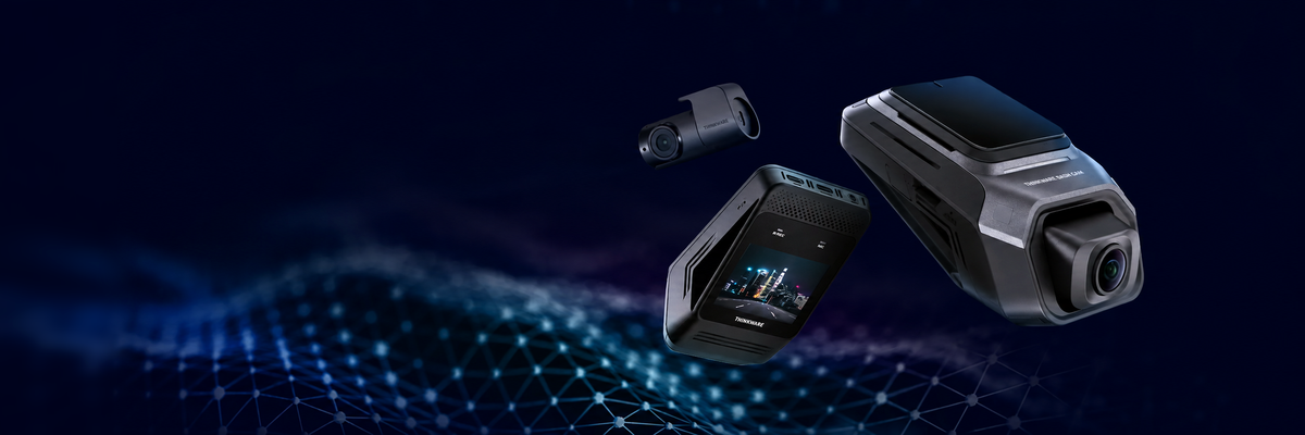 Thinkware ARC 800 front and rear dash cam units on a dark blue background