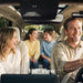 Family inside a vehicle with an illustrated 160-degree interior camera view