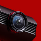 Manufacturer close-up rendering of a camera lens on a red background