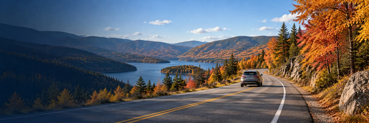 A car on a winding autumn road beside a lake