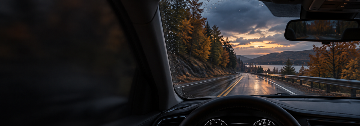 BlackVue dash cam mounted on a windshield during a night drive