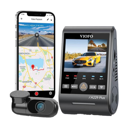 VIOFO A229 Plus Duo 2K QHD 2-Channel Dash Cam - Dash Cams - {{ collection.title }} - 12V Plug-and-Play, 2-Channel, 256GB, 2K QHD @ 60 FPS, Adhesive Mount, App Compatible, Camera Alerts, China, Dash Cams, G-Sensor, GPS, Hardwire Install, Loop Recording, Mobile App, Mobile App Viewer, Night Vision, Parking Mode, Rear Camera, sale, Security, Super Capacitor, Voice Alerts, Wi-Fi - BlackboxMyCar