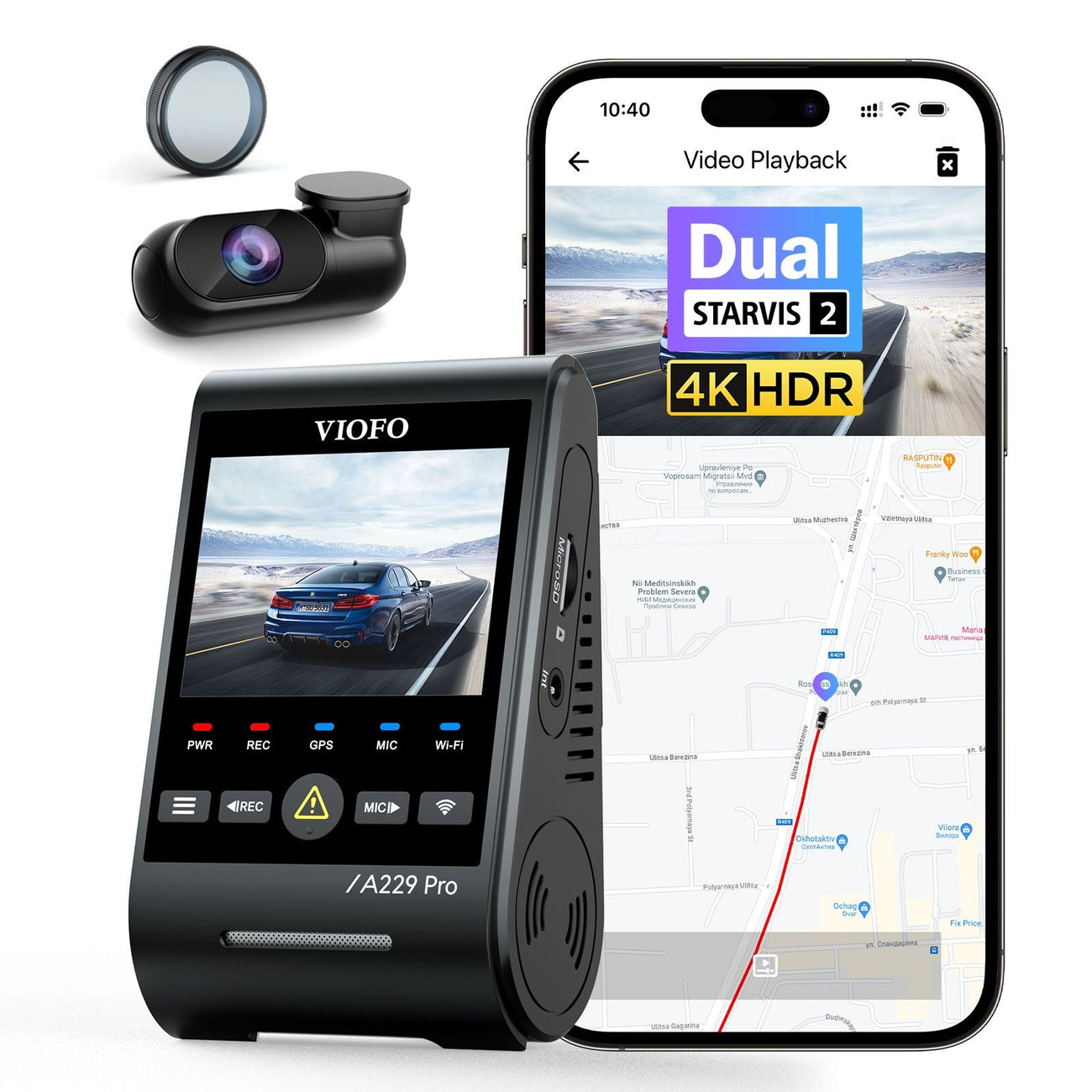 VIOFO A229 Pro camera system shown with its mobile app and CPL filter