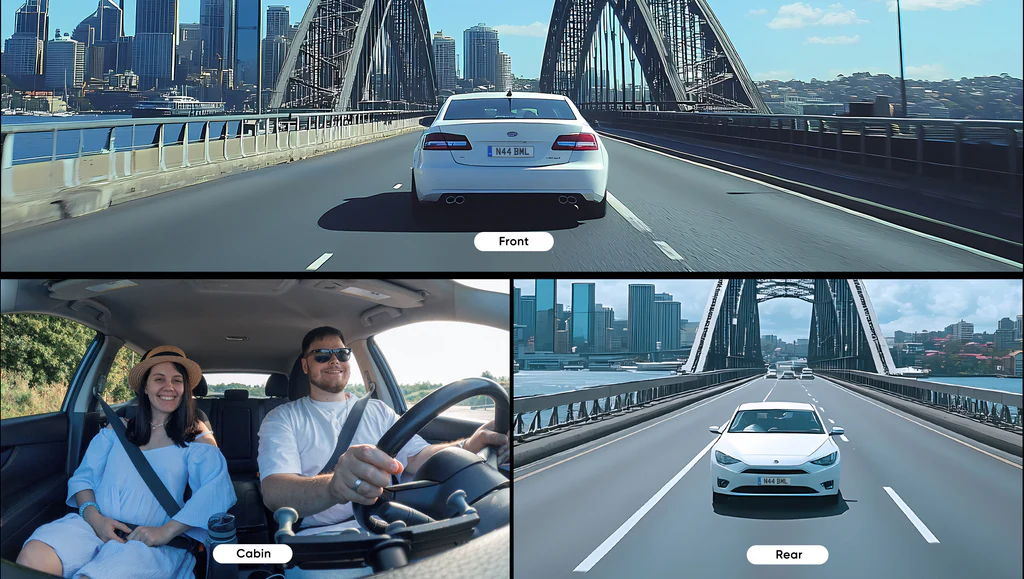 Front, interior and rear views from a three-channel dash cam