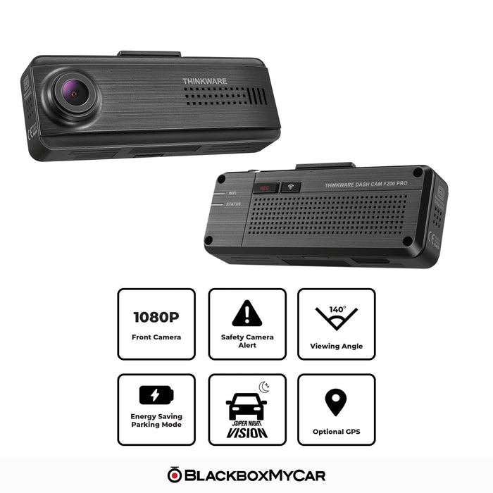 Thinkware F200 PRO Dual-Channel IR (Cabin View) Dash Cam - Dash Cams - Thinkware F200 PRO Dual-Channel IR (Cabin View) Dash Cam - 1080p Full HD @ 30 FPS, 128GB, 12V Plug-and-Play, 16GB, 2-Channel, ADAS, Adhesive Mount, App Compatible, Camera Alerts, CPL Filter, Desktop Viewer, G-Sensor, GPS, Hardwire Install, Infrared (IR), Loop Recording, Mobile App, Mobile App Viewer, Night Vision, OBD Plug-and-Play, Parking Mode, Security, South Korea, Super Capacitor, Wi-Fi - BlackboxMyCar