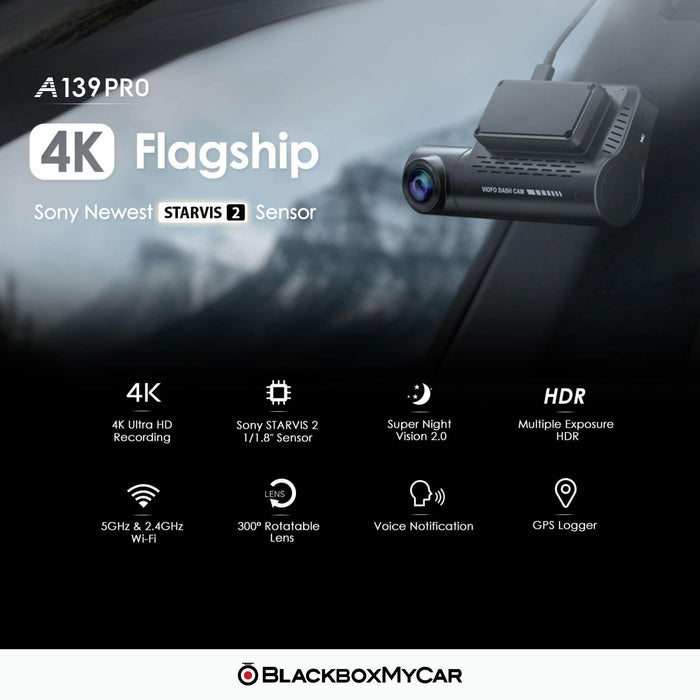 VIOFO A139 Pro 4K 2-Channel Dash Cam with GPS - Dash Cams - VIOFO A139 Pro 4K 2-Channel Dash Cam with GPS - 2-Channel, 4K UHD @ 30 FPS, Adhesive Mount, App Compatible, China, G-Sensor, GPS, Hardwire Install, Loop Recording, Mobile App, Mobile App Viewer, Night Vision, Parking Mode, Security, Super Capacitor, Wi-Fi - BlackboxMyCar